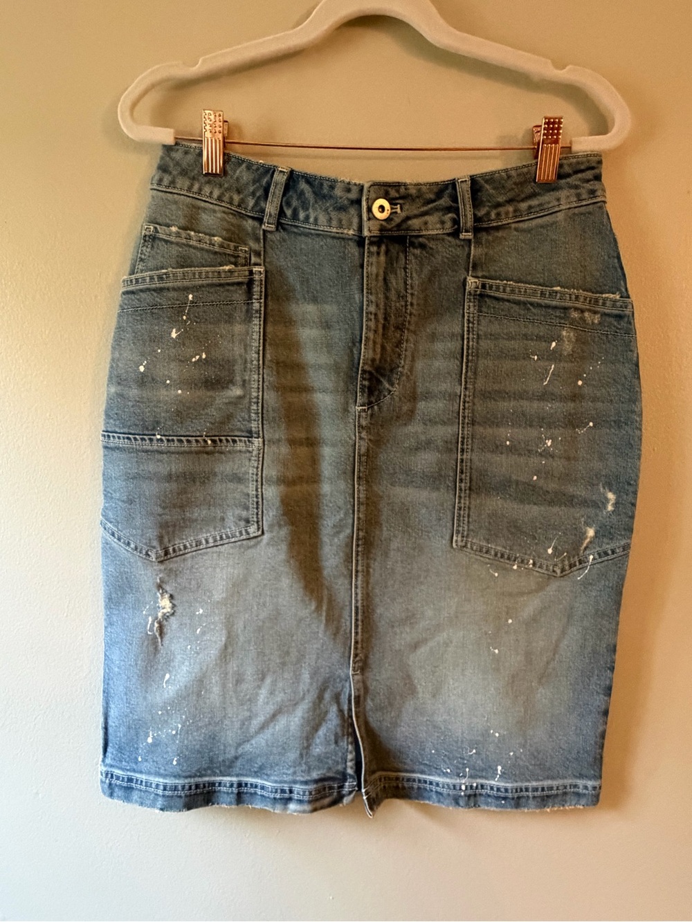 Pilcro- Washed Blue Denim Pencil Skirt with Patch Pockets